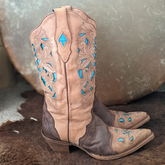 CORRAL C1620 laser tooled tan & turquoise snip toe cowgirl western boots sz 9.5 - Picture 7 of 16